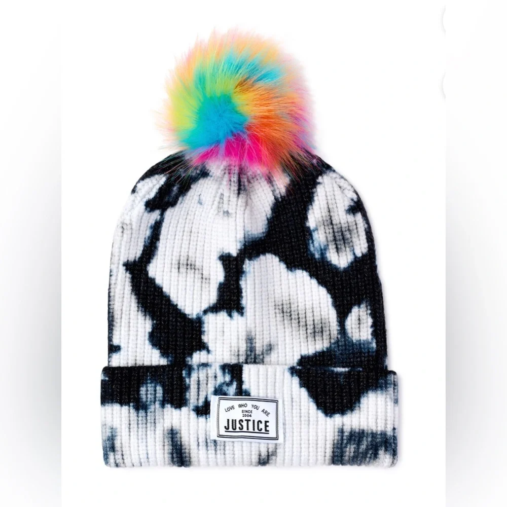 2pack Justice Girls’ faux fur pom pom ombre Tie Dye & fair isle look beanies new